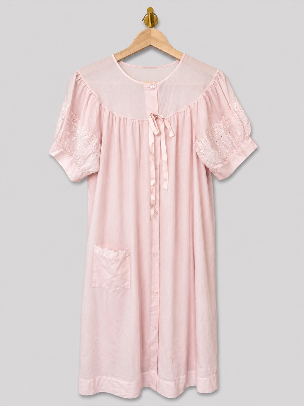 Shadowline Vintage Pink  Button Front Lace Trim Nightgown Housecoat Robe